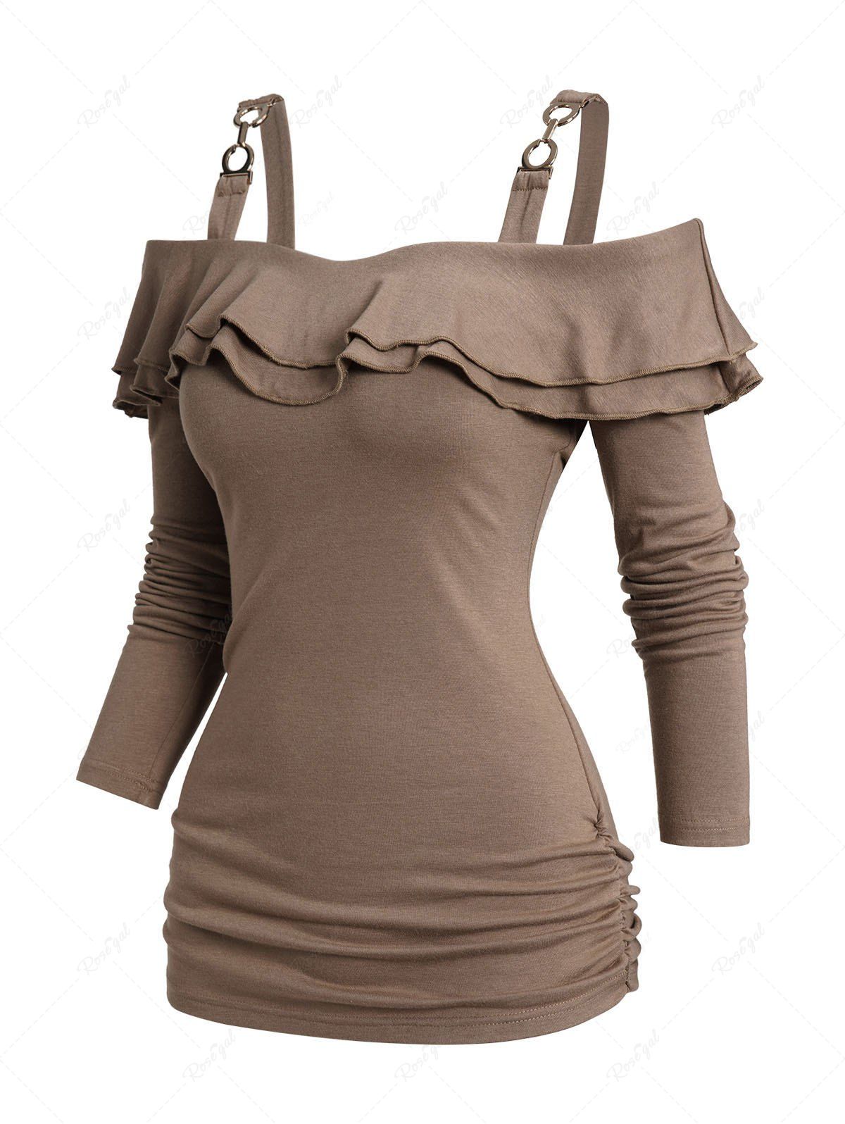 Blouse Décontractée à Epaule Dénudée Décor de Métal en Couleur Unie à Manches Longues café M