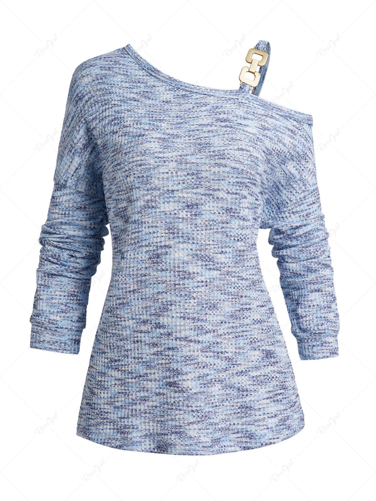 Haut Décontracté en Tricot à Imprimé Chiné à Epaule Oblique à Manches Longues Bleu clair M