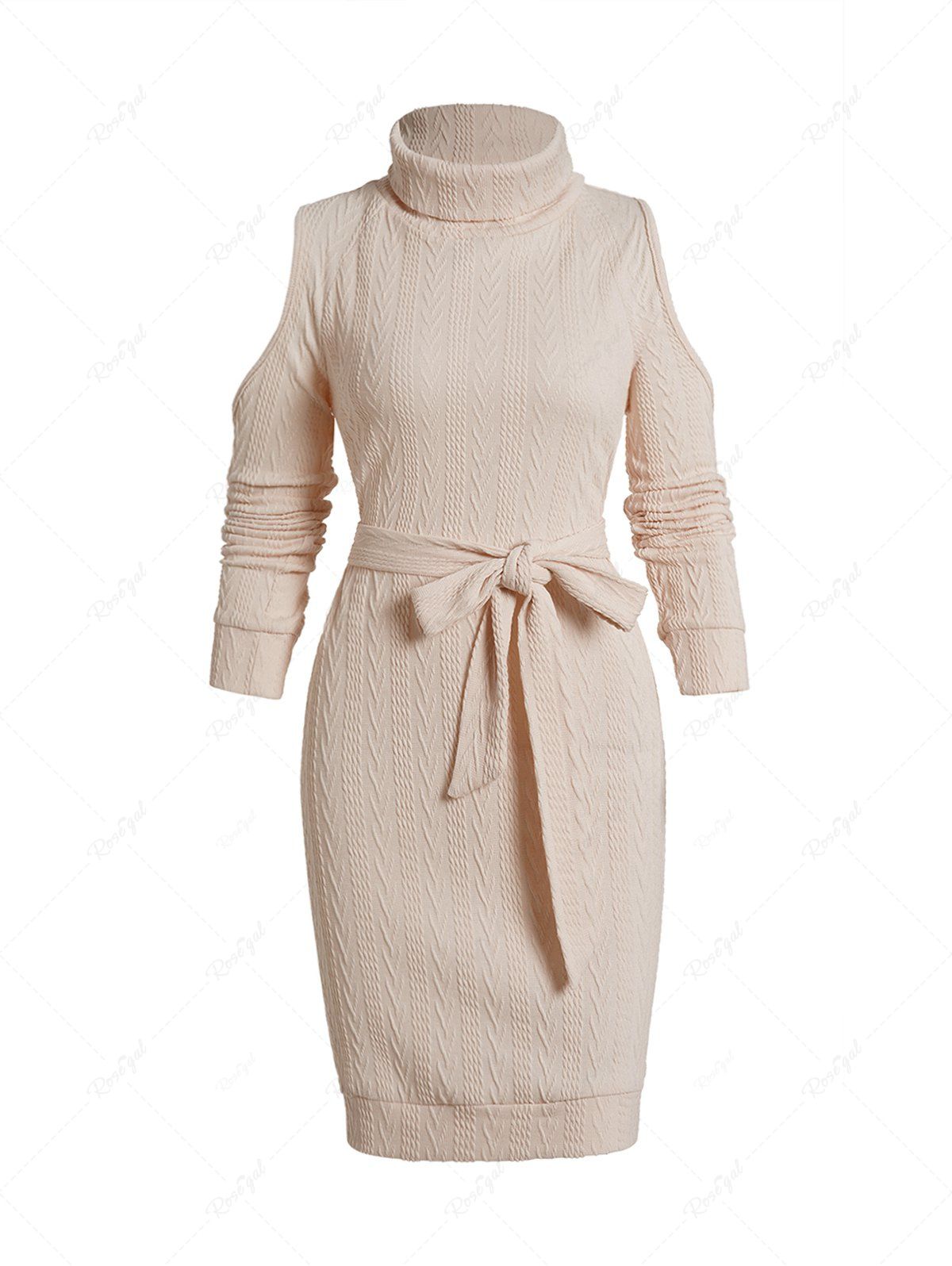 Shop Belt Knit Turtleneck Cold Shoulder Casual Mini Dress  