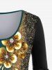 T-shirt Papillon Brillant Fleur Imprimée en Blocs de Couleurs Grande Taille à Paillettes - Vert profond 6X