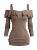 Blouse Décontractée à Epaule Dénudée Décor de Métal en Couleur Unie à Manches Longues - café M