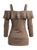 Blouse Décontractée à Epaule Dénudée Décor de Métal en Couleur Unie à Manches Longues - café M