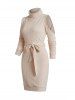 Belt Knit Turtleneck Cold Shoulder Casual Mini Dress -  
