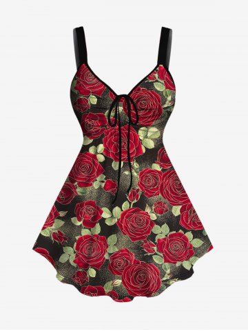 Plus Size Flower Leaves Print Cinched Tank Top - RED - 1X