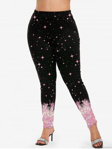Plus Size Galaxy Sequins Sparkling Print Skinny Leggings