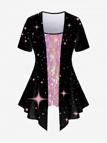 Plus Size Galaxy Sequins Sparkling Print 2 in 1 Short Sleeves T-shirt - LIGHT PINK - L