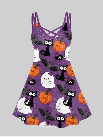 Plus Size Cartoon Cute Bat Cat Pumpkin Spider Web Print Crisscross Halloween Cami Dress - PURPLE - XS