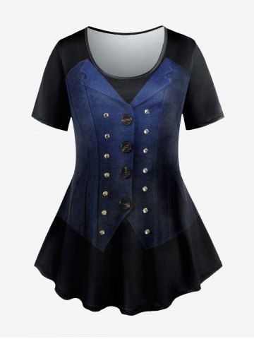 Plus Size Buttons Rivet Vest 3D Print T-shirt - BLACK - XS