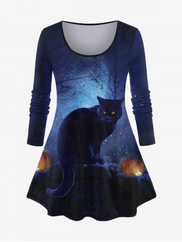 Plus Size Galaxy Tree Cat Pumpkin Print Halloween T-shirt - DEEP BLUE - L