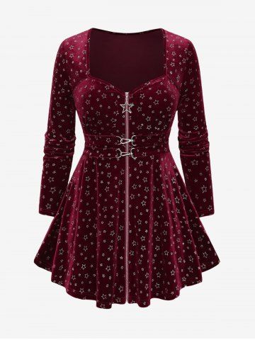 Plus Size Star Silver Stamping Full Zipper Buckle Belted Long Sleeves Velvet Top - DEEP RED - M | US 10