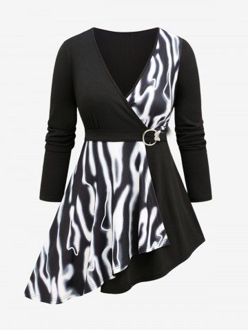 Plus Size Zebra Striped O-Ring Butterfly Buckle Asymmetric Long Sleeves T-shirt - BLACK - M | US 10