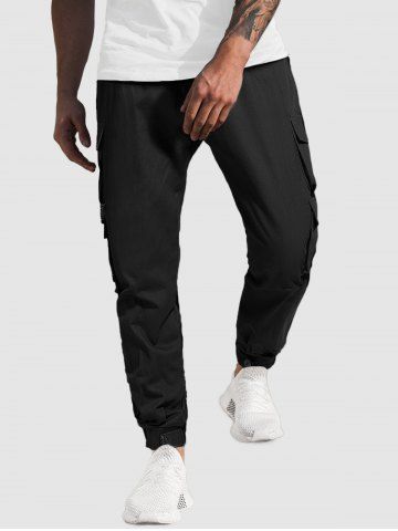 Men's Streetwear Daily Letter Patched Design Multi-pocket Drawstring Beam Feet Cargo Pants - BLACK - S