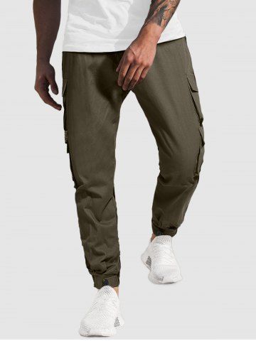 Men's Streetwear Daily Letter Patched Design Multi-pocket Drawstring Beam Feet Cargo Pants - DEEP GREEN - S