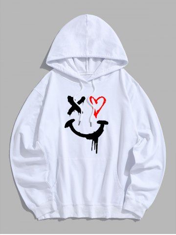 Men's Casual Heart Drippy Smile Face Kangaroo Pocket Cotton Hoodie - WHITE - M