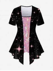 Plus Size Galaxy Sequins Sparkling Print 2 in 1 Short Sleeves T-shirt -  