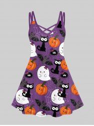 Plus Size Cartoon Cute Bat Cat Pumpkin Spider Web Print Crisscross Halloween Cami Dress -  