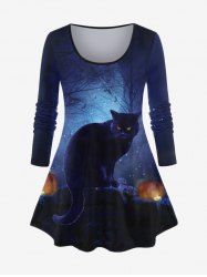 Plus Size Galaxy Tree Cat Pumpkin Print Halloween T-shirt -  