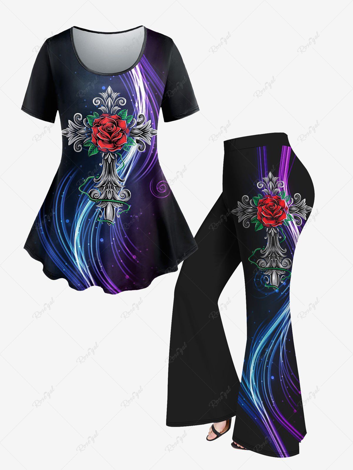 Cheap Light Beam Cross Flower Printed T-shirt and Flare Pants Plus Size 70s 80s Outfit  
