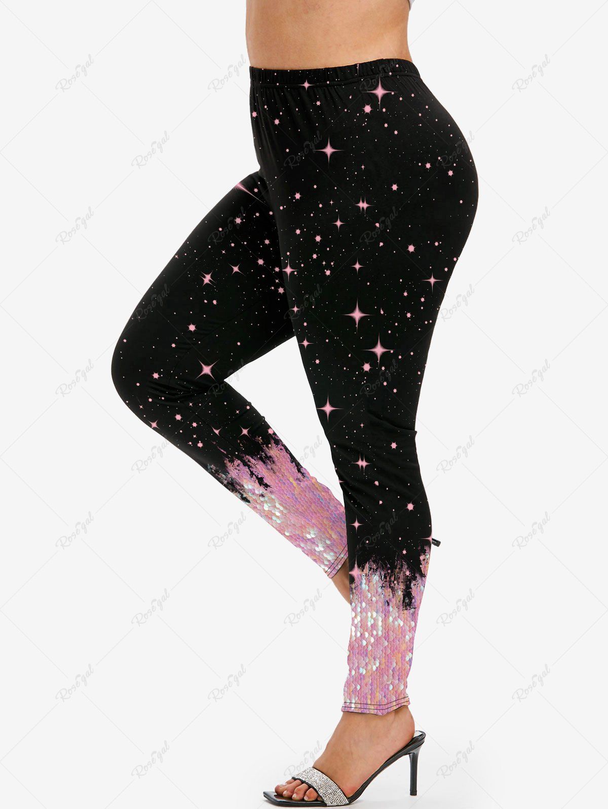 Discount Plus Size Galaxy Sequins Sparkling Print Skinny Leggings  