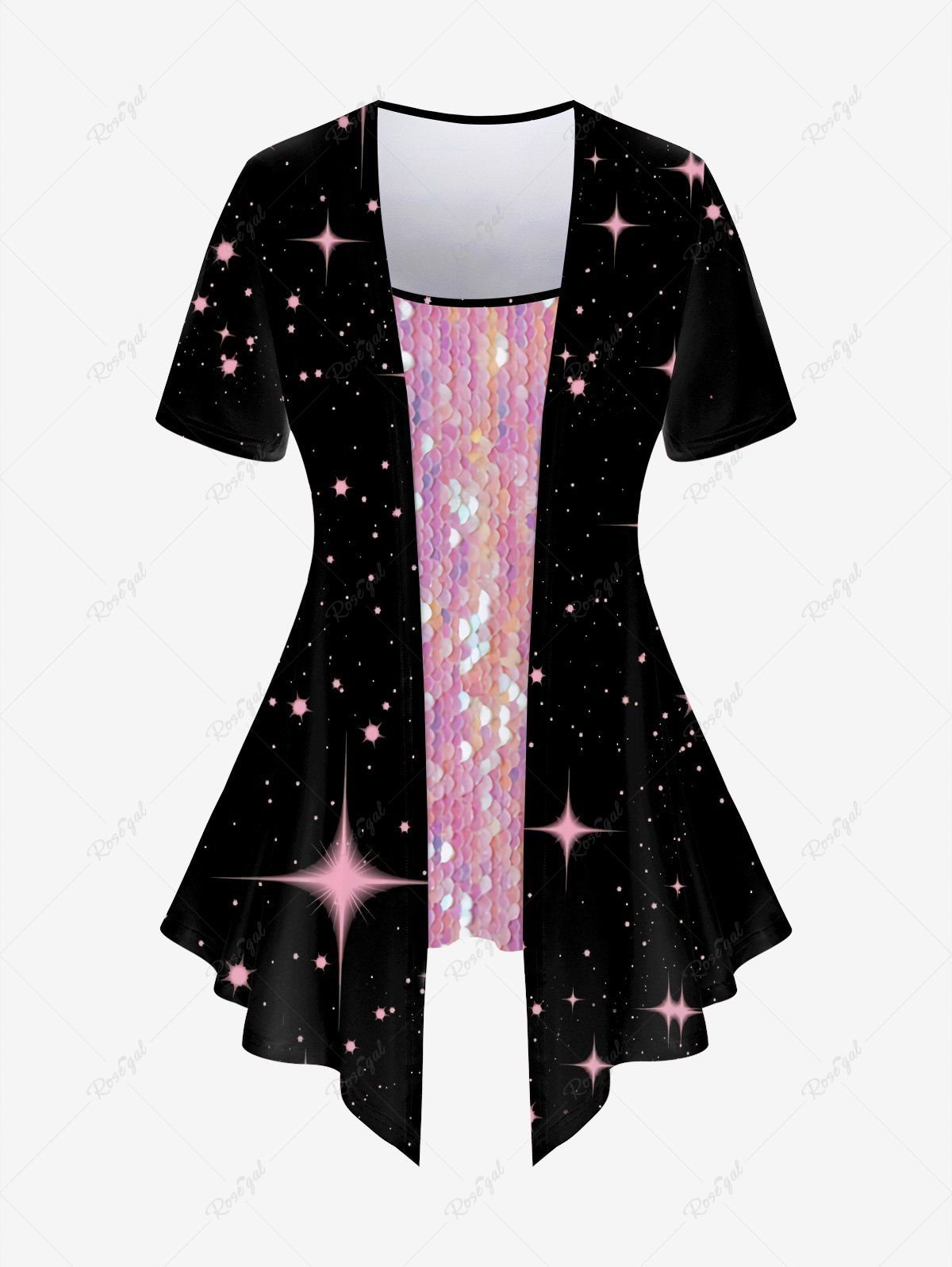 Affordable Plus Size Galaxy Sequins Sparkling Print 2 in 1 Short Sleeves T-shirt  