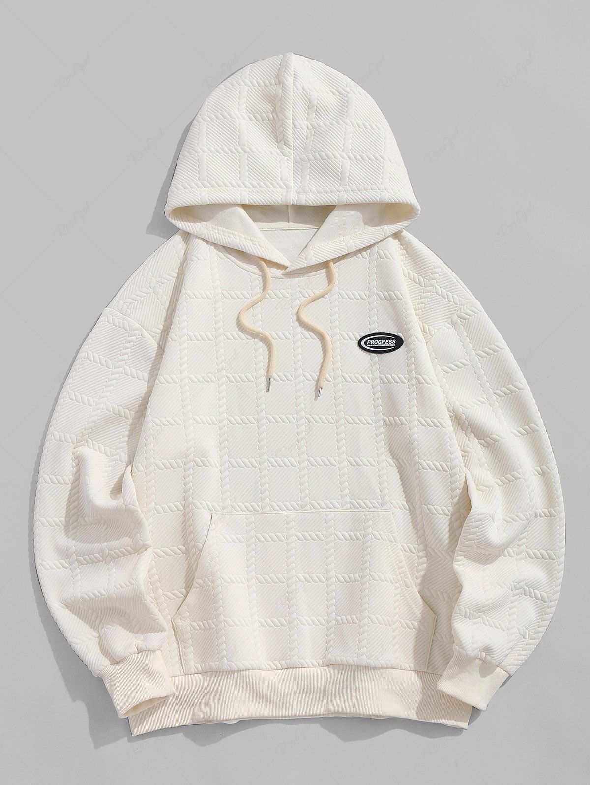Trendy Men's Casual Athleisure Letter Patch Design Cable Jacquard Textured Front Pocket Drawstring Long Sleeves Hoodie  