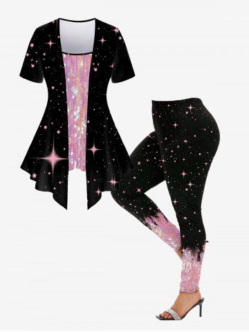 Galaxy Sequins Sparkling Printed 2 in 1 Short Sleeves T-shirt and Skinny Leggings Plus Size Matching Set - LIGHT PINK