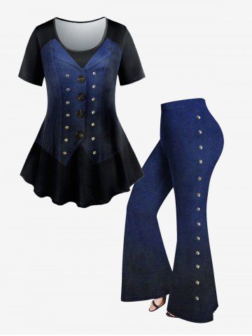 Buttons Rivet Vest 3D Printed T-shirt and Rivet Denim 3D Printed Flare Pants Plus Size 70s 80s Outfit - DEEP BLUE