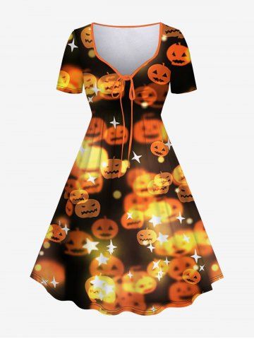 Plus Size Pumpkin Star Sparkling Print Cinched Halloween Dress - ORANGE - XS