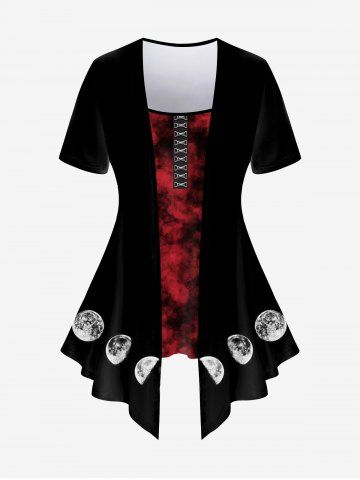 Plus Size Tie Dye Moon Hook and Eye Print Asymmetric 2 in 1 T-shirt