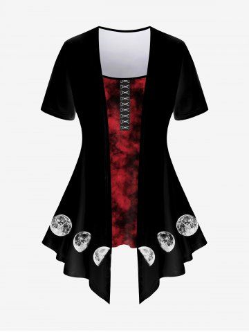 Plus Size Tie Dye Moon Hook and Eye Print Asymmetric 2 in 1 T-shirt - BLACK - 5X