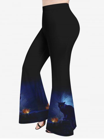 Plus Size Halloween Costume Cat Pumpkin Glitter Print Flare Pants - BLACK - 4X