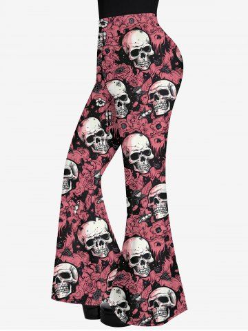 Gothic Skulls Floral Print Halloween Flare Pants - LIGHT PINK - 2X