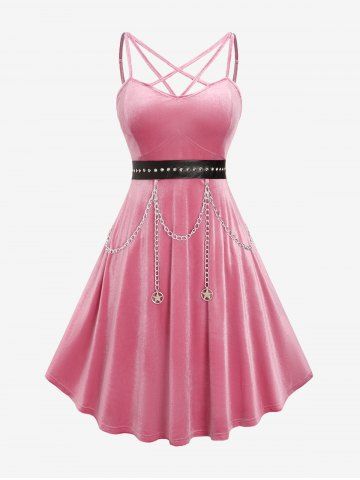 Plus Size PU Panel Rivet Chain Tassel Ruched Crisscross Velvet Cami Dress(Adjustable Shoulder Strap) - Light Pink - 5x | Us 30-32