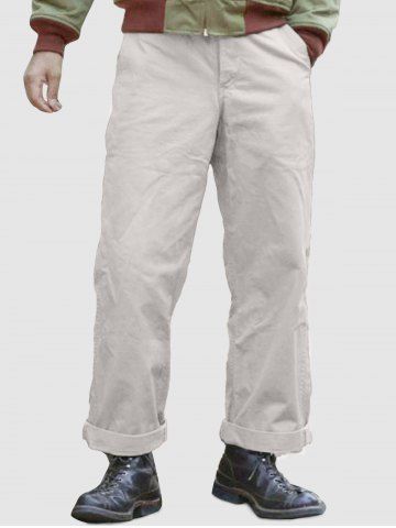 Men's Daily Casual Solid Color Zipper Fly Pocket Straight Pants - LIGHT KHAKI - L