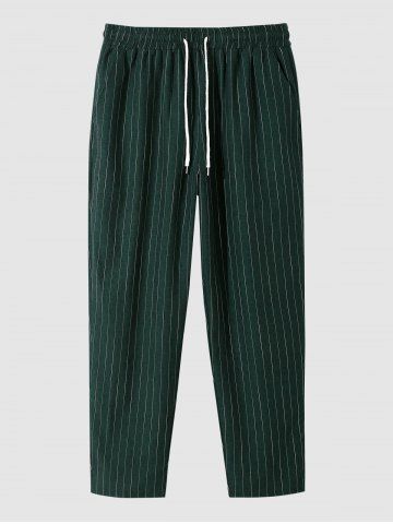 Men's Striped Cotton and Linen Textured Straight Leg Drawstring Casual Pants - DEEP GREEN - S