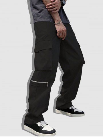 Men's Streetwear Solid Color Side Flap Pockets Design Zip Fly Cargo Pants - BLACK - XL