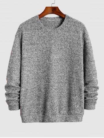 Crew Neck Heathered Fluffy Knitted Drop Shoulder Pullover Sweatshirt - GRAY - XXL