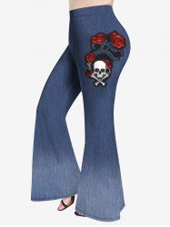 Plus Size Flower Skull Denim Print Flare Pants -  