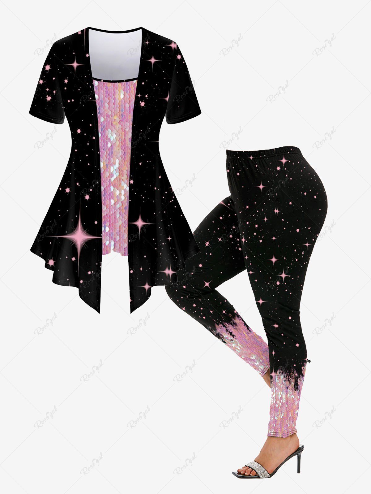 Online Galaxy Sequins Sparkling Printed 2 in 1 Short Sleeves T-shirt and Skinny Leggings Plus Size Matching Set  