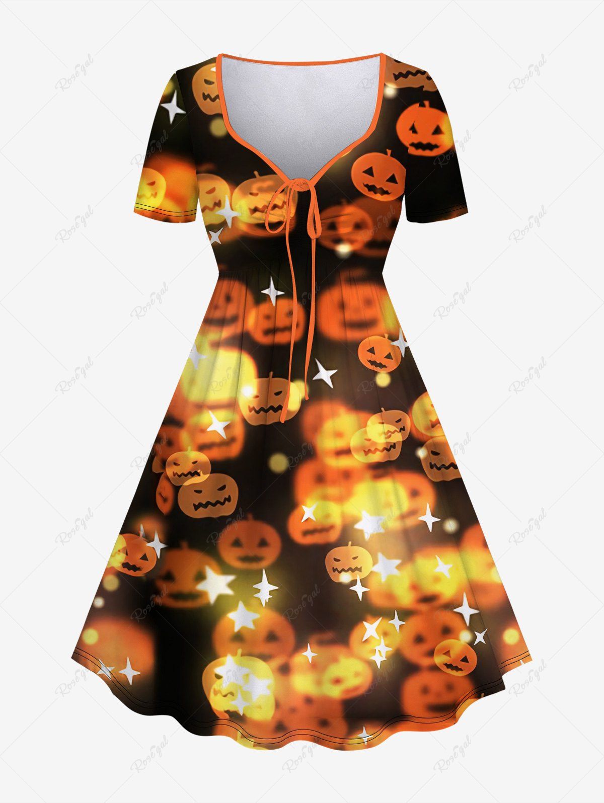 Unique Plus Size Pumpkin Star Sparkling Print Cinched Halloween Dress  
