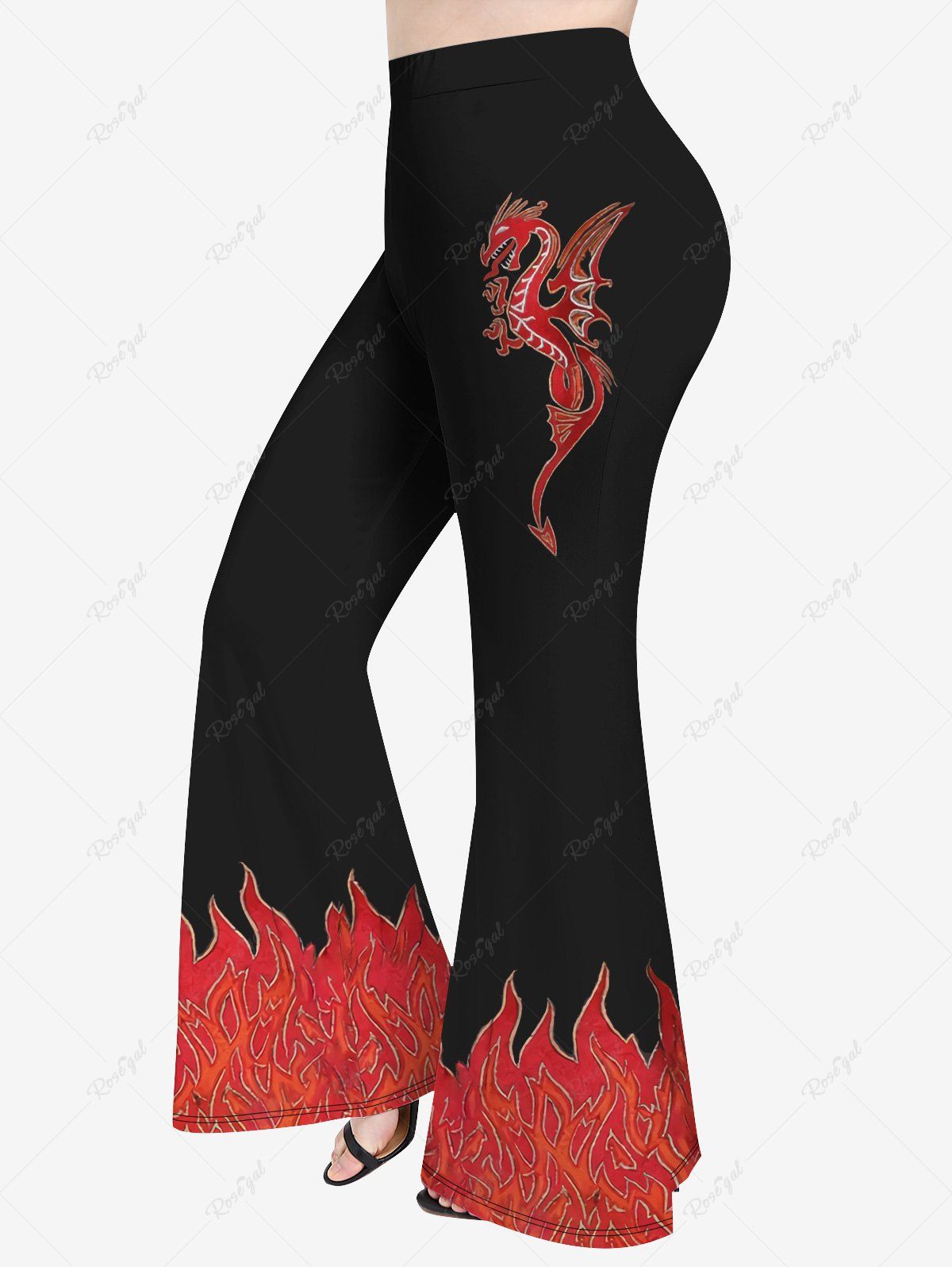Best Plus Size Flame Dragon Print Flare Pants  
