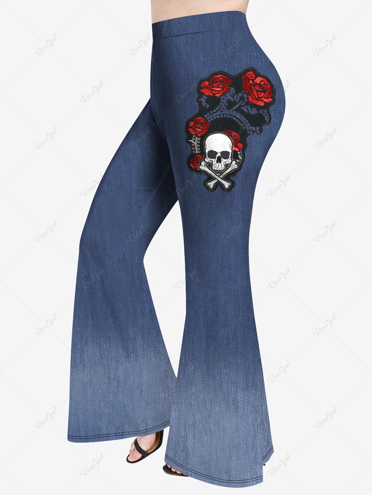 Outfits Plus Size Flower Skull Denim Print Flare Pants  