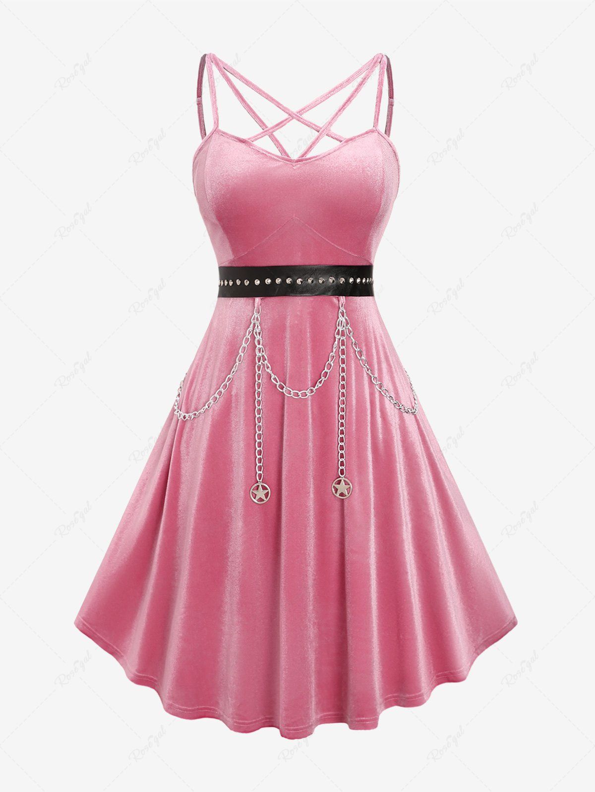 Best Plus Size PU Panel Rivet Chain Tassel Ruched Crisscross Velvet Cami Dress(Adjustable Shoulder Strap)  