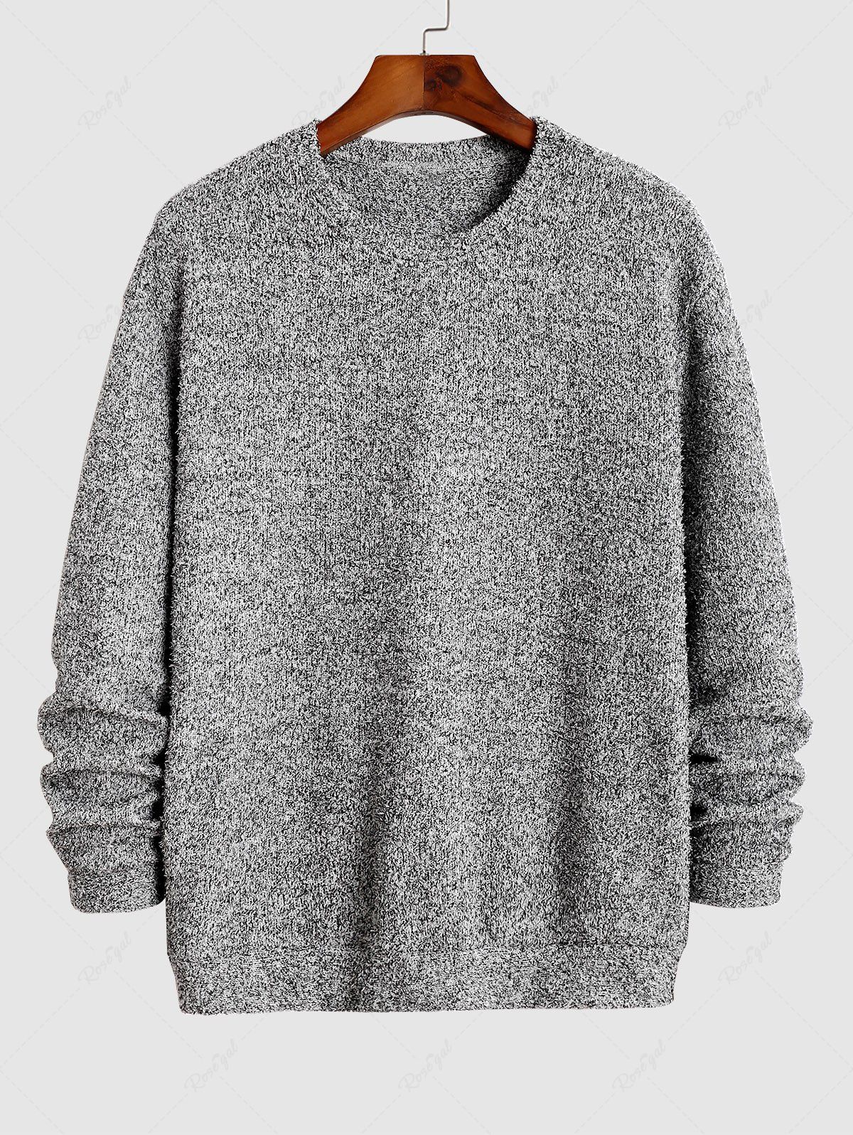 Sale Crew Neck Heathered Fluffy Knitted Drop Shoulder Pullover Sweatshirt  