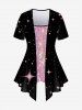 Galaxy Sequins Sparkling Printed 2 in 1 Short Sleeves T-shirt and Skinny Leggings Plus Size Matching Set -  