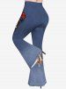 Plus Size Flower Skull Denim Print Flare Pants -  