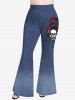 Plus Size Flower Skull Denim Print Flare Pants -  