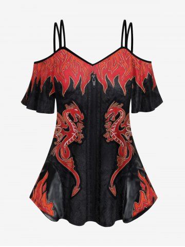 Plus Size Flame Dragon Zipper Print Cold Shoulder T-shirt - BLACK - S