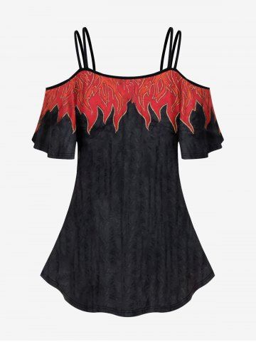 Plus Size Flame Dragon Zipper Print Cold Shoulder T-shirt