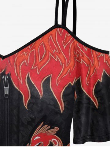 Plus Size Flame Dragon Zipper Print Cold Shoulder T-shirt